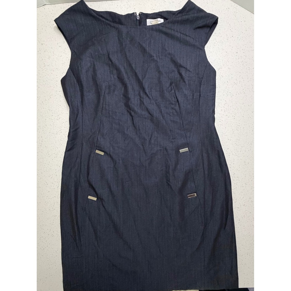 Calvin Klein Womens Dark Blue Denim Look Sheath Dress Size 12 Hardware Detail